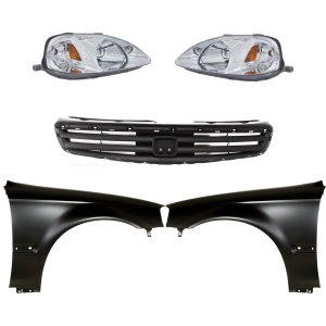 Headlight Kit for 1999-2000 Honda Civic, Includes Right (Passenger) and Left (Driver) Lenses and Housing, 5-Piece Halogen Kit with Fenders, and Grille Assembly Replacement