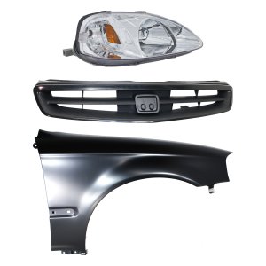 Headlight with Lens and Housing for 1999-2000 Honda Civic, Right (Passenger) Side, Halogen, 3-Piece Kit including Fender and Grille, Replacement.