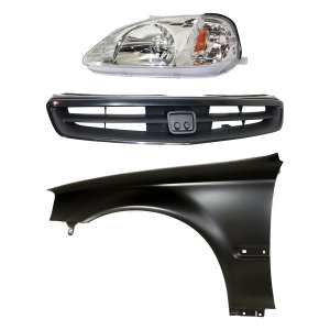 Headlight Kit for 1999-2000 Honda Civic, Left (Driver) Side, Includes Lens and Housing, Halogen Light, 3-Piece Set with Fender and Grille Replacement