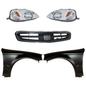 Headlight Kit for Honda Civic 1999-2000, Right (Passenger) and Left (Driver), Lens and Housing, Halogen, 5-Piece with Fenders and Grille, Replacement