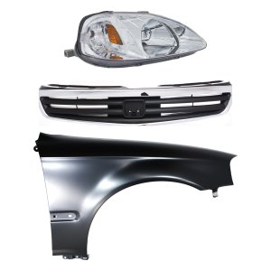 Headlight Lens and Housing Kit for HONDA CIVIC 1999-2000, Right (Passenger), Halogen, 3-Piece Set, with Fender and Grille Assembly Replacement