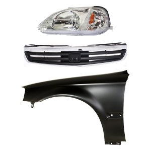 Headlight Kit for 1999-2000 Honda Civic, Left (Driver) Side, Lens and Housing, Halogen, 3-Piece Kit, with Fender and Grille Assembly Replacement