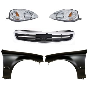 Headlight Kit for 1999-2000 Honda Civic, Right (Passenger) and Left (Driver), Lens and Housing, Halogen, 5-Piece Kit, Includes Fenders and Grille Assembly, Replacement