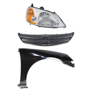 Headlight Assembly Kit for 2001-2003 Honda Civic Right (Passenger), Halogen 3-Piece Set with Fender & Grille Replacement