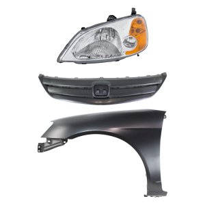 Headlight Assembly Kit for Honda Civic 2001-2003, Left (Driver) Halogen Light, 3-Piece with Fender and Grille, Replacement