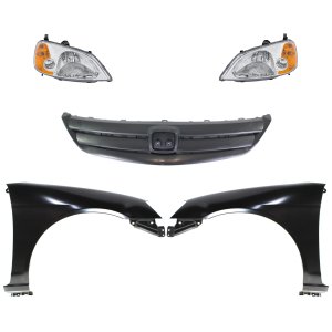 Headlight Assembly Kit for 2001-2003 Honda Civic, Right (Passenger) and Left (Driver), Halogen, 5-Piece with Fenders and Grille, Replacement