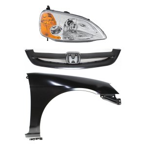 Headlight Kit for 2001-2003 Honda Civic, Right (Passenger) Side, Lens and Housing, Halogen, 3-Piece with Fender and Grille, Replacement