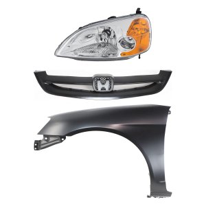 Headlight Kit for 2001-2003 Honda Civic, Left (Driver) Side, Lens and Housing, Halogen, 3-Piece Set, with Fender and Grille, Replacement