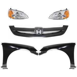 Headlight Kit for 2001-2003 Honda Civic, Right (Passenger) and Left (Driver), Lens and Housing, Halogen, 5-Piece Set with Fenders and Grille, Replacement