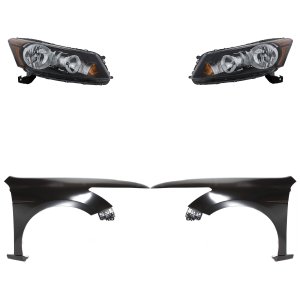 Headlight Assembly for 2008-2010 Honda Accord, Right (Passenger) and Left (Driver), Halogen, 4-Piece Kit with Fenders, Replacement