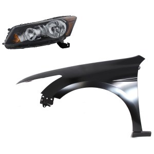 Headlight Assembly Kit for 2008-2010 Honda Accord, Left (Driver) Side, Halogen, 2-Piece Set with Fender, Replacement