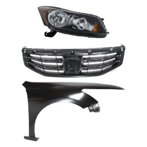Headlight Assembly Kit for 2011-2012 Honda Accord, Right (Passenger) Side, Halogen, 3-Piece Kit with Fender and Grille, Replacement