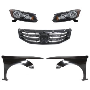 Headlight Assembly Kit for 2011-2012 Honda Accord, Right (Passenger) and Left (Driver), Halogen, 5-Piece Kit, with Fenders and Grille Replacement