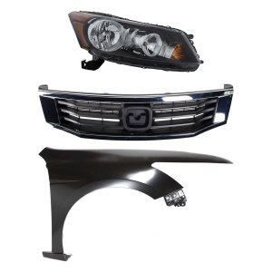 Headlight Assembly Kit for 2008-2010 Honda Accord, Right (Passenger), Halogen, 3-Piece with Fender and Grille, Replacement