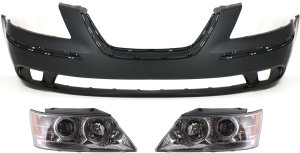 Headlight Assembly for Hyundai Sonata 2009-2010, Right (Passenger) and Left (Driver) Set, Halogen, 3-Piece kit with Bumper Cover, Replacement