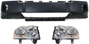 Headlight Assembly Kit for Jeep Grand Cherokee 2005-2007, Right (Passenger) and Left (Driver), Halogen, 3-Piece with Bumper Cover, Replacement