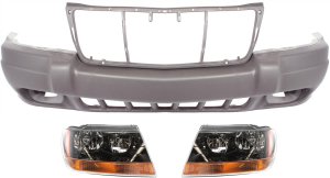 Front Bumper Cover for Jeep Grand Cherokee 1999-2003, 3-Piece Kit with Headlight, Replacement