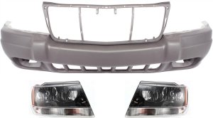 Front Bumper Cover Kit for Jeep Grand Cherokee 1999-2003, 3-Piece Set with Headlights, Replacement