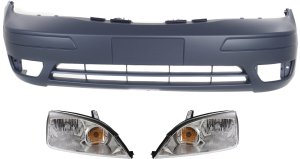 Headlight Assembly for Ford Focus 2005-2007, Right (Passenger) and Left (Driver) Set with Bumper Cover, 3-Piece Kit, Halogen, Replacement