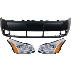 Headlight Assembly Kit for 2008-2011 Ford Focus, Right (Passenger) and Left (Driver), Halogen, 3-Piece with Bumper Cover Replacement