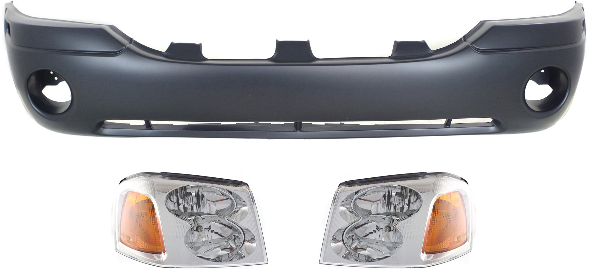 Headlight Assembly Kit for 2002-2009 GMC Envoy, Right (Passenger) and Left (Driver), Halogen, 3-Piece Set with Bumper Cover, Replacement