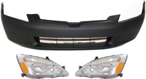Headlight Assembly Kit for 2003-2005 Honda Accord, Includes Right (Passenger) and Left (Driver) Halogen Headlights, 3-Piece with Bumper Cover Replacement