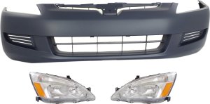 Headlight Assembly Kit for 2003-2005 Honda Accord, Right (Passenger) & Left (Driver), 3-Piece Kit with Halogen Lights and Bumper Cover Replacement