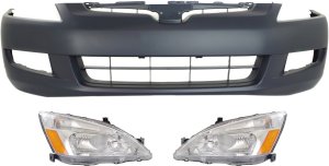 Headlight Assembly Kit for Honda Accord 2003-2005, Right (Passenger) and Left (Driver), Halogen, 3-Piece with Bumper Cover, Replacement