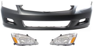 Headlight Assembly for 2006-2007 Honda Accord, Right (Passenger) and Left (Driver), Halogen, 3-Piece Kit with Bumper Cover, Replacement