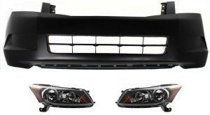 Headlight Assembly Kit for 2008-2010 Honda Accord, Right (Passenger) & Left (Driver) Halogen, 3-Piece with Bumper Cover, Replacement