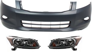 Headlight Assembly Kit for 2008-2010 Honda Accord, Right (Passenger) and Left (Driver), Halogen, 3-Piece with Bumper Cover, Replacement