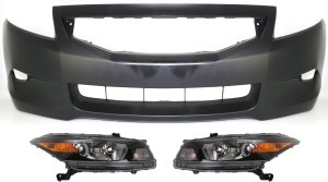Headlight Assembly Kit for 2008-2010 Honda Accord, Right (Passenger) and Left (Driver), Halogen, 3-Piece with Bumper Cover, Replacement