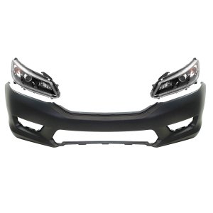 Front Bumper Cover Kit for 2013-2015 Honda Accord, Primed (Ready to Paint), 3-Piece Set, Includes Headlights, Replacement