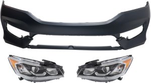 Headlight Assembly Kit for 2016-2017 Honda Accord, Right (Passenger) and Left (Driver), Halogen, 3-Piece with Bumper Cover, Replacement