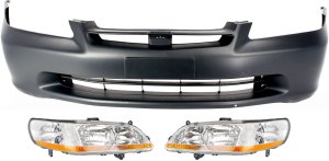 Headlight Kit for Honda Accord 1998-2000, Right (Passenger) and Left (Driver), Lens and Housing, Halogen, 3-Piece with Bumper Cover - Replacement