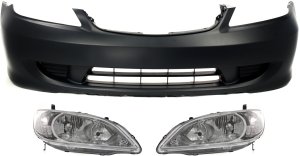 Headlight and Bumper Cover Kit for 2004-2005 Honda Civic, Includes Right (Passenger) and Left (Driver) Lens and Housing, Halogen, 3-Piece, Replacement