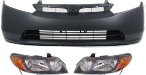 Front Bumper Cover Kit for 2007-2008 Honda Civic Sedan, 3-Piece with Headlights, Excluding Mugen Models, Replacement
