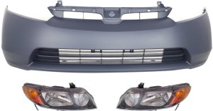 Headlight Kit for 2006-2008 Honda Civic, Right (Passenger) and Left (Driver), Lens and Housing, Halogen, 3-Piece, with Bumper Cover Replacement