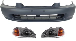 Front Bumper Cover for 1996-1998 Honda Civic, 3-Piece Kit with Headlights, Ideal for Coupe, Sedan, and Hatchback Models - Replacement Kit