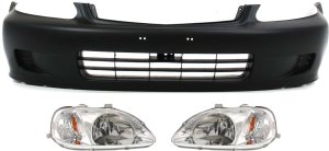 Front Bumper Cover Kit for 1999-2000 Honda Civic, 3-Piece Set with Headlights, Compatible with Coupe, Sedan, Hatchback Models, Replacement