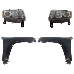 Headlight Assembly Kit for Jeep Grand Cherokee 2014-2016, Right (Passenger) and Left (Driver), Halogen, 4-Piece Set with Fenders, Replacement