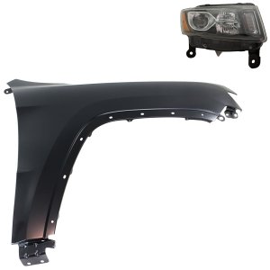 Headlight Assembly Kit for Jeep Grand Cherokee 2014-2016, Right (Passenger) Side, Halogen, 2-Piece Kit, with Fender, Replacement
