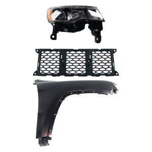 Headlight Assembly Kit for Jeep Grand Cherokee 2017-2021, Right (Passenger) Side, 3-Piece, Halogen, with Fender and Grille Assembly, Replacement