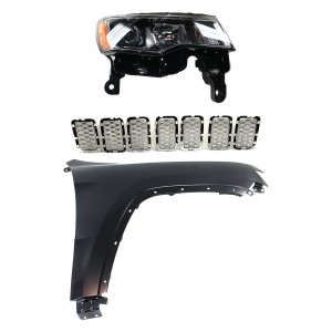 Headlight Assembly Kit for Jeep Grand Cherokee 2017-2021, Right (Passenger) Side, Halogen, 3-Piece with Fender and Grille Assembly, Replacement