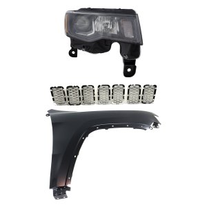 Headlight Assembly Kit for 2017-2021 Jeep Grand Cherokee, Right (Passenger) Side, 3-Piece with Halogen Light, Includes Fender and Grille Assembly, Replacement