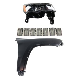 Headlight Assembly Kit for Jeep Grand Cherokee 2017-2021, Right (Passenger) Side, Halogen Light, 3-Piece Kit with Fender and Grille Assembly Replacement