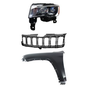 Headlight Assembly Kit for Jeep Grand Cherokee 2017-2021, Left (Driver) Side, Halogen, 3-Piece with Fender and Grille Assembly, Replacement
