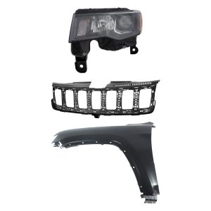 Headlight Assembly Kit for 2017-2021 Jeep Grand Cherokee, Left (Driver), Halogen, 3-Piece with Fender and Grille Assembly, Replacement