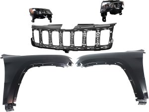 Headlight Assembly Kit for Jeep Grand Cherokee 2017-2021, Right (Passenger) and Left (Driver), Halogen, 5-Piece with Fenders and Grille Assembly, Replacement