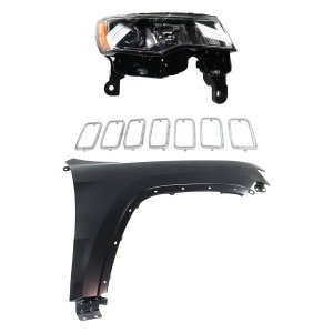 Headlight Assembly for Jeep Grand Cherokee 2017-2021, Right (Passenger) Side, Halogen, 3-Piece Kit with Fender and Grille Assembly, Replacement